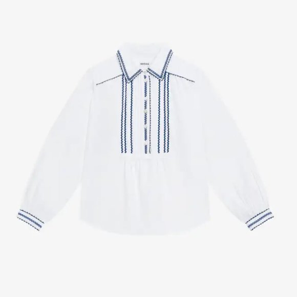 Brora Organic Cotton Shirt white with cobalt blue embroidery, size UK 10/US 6 - Picture 2 of 8